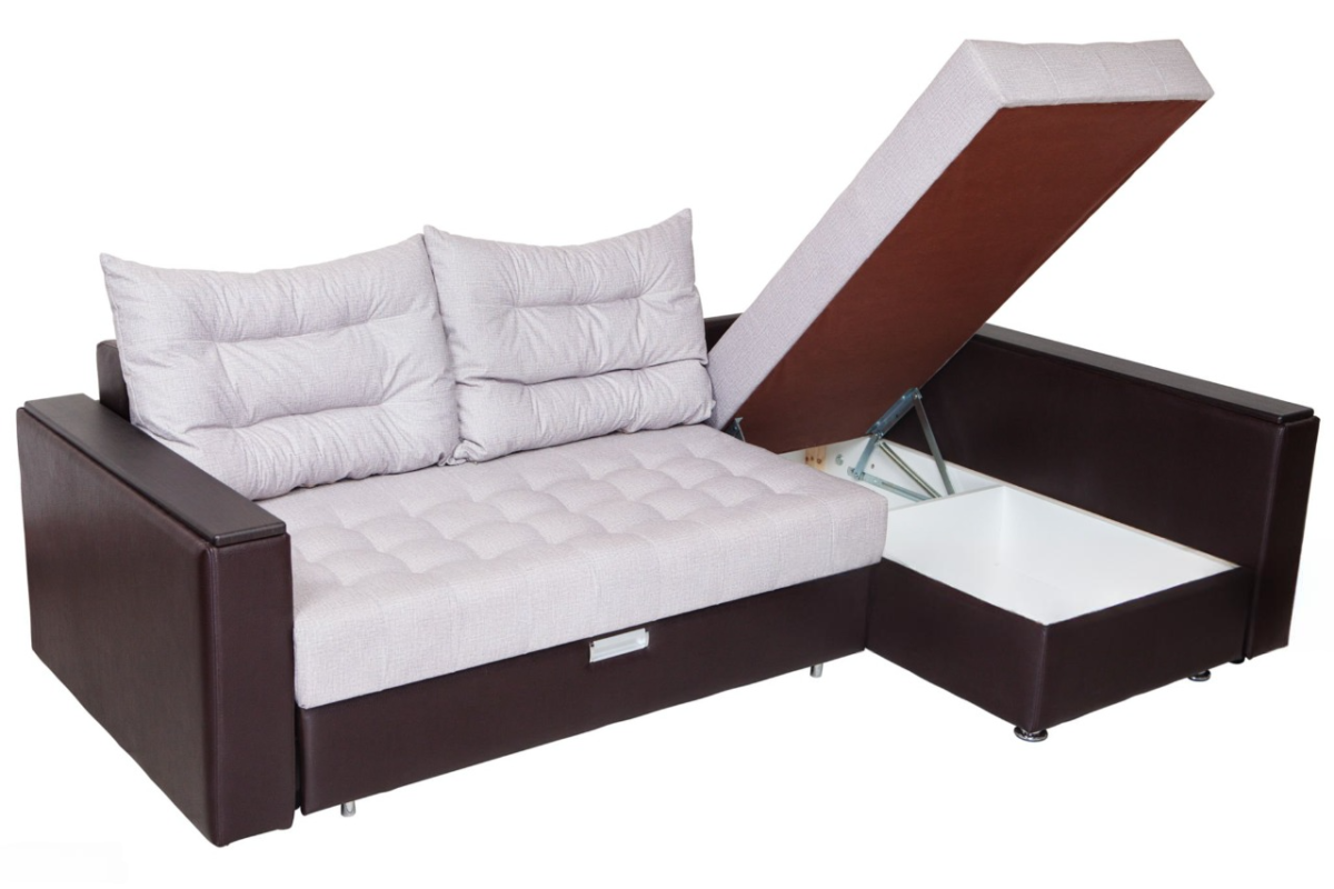 U-shaped sofa bed with storage compartment and tufted gray cushions.