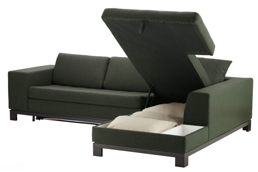 Green U-shaped sofa bed with storage compartment revealed.